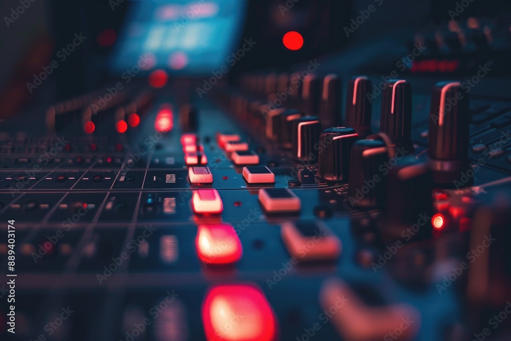 Poster a close-up shot of a sound board in a professional recording studio
