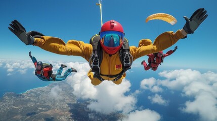 AI generator image of skydivers flying,skydivers are falling against the background of the white clouds 	