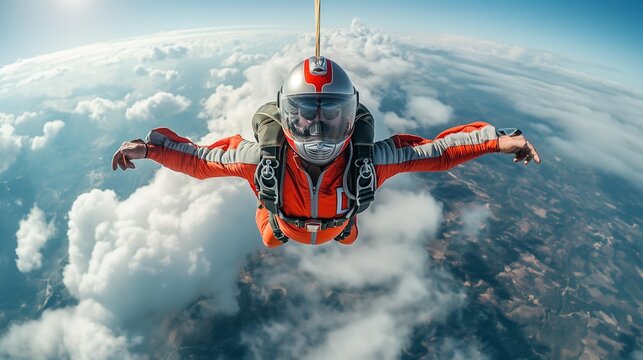 AI generator image of skydivers flying,skydivers are falling against the background of the white clouds 	