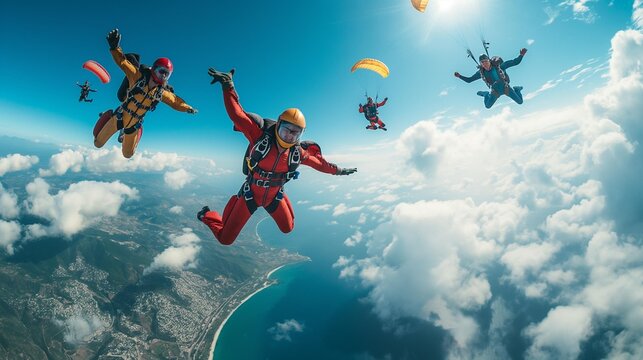 AI generator image of skydivers flying, Parachuting skydivers are falling against the background of the white clouds 	