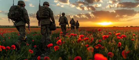 AI generator image of Soldiers walking through a field of poppies near hospital Wide viewing angle, panorama