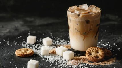 Glass of iced latte with sweet cookies and cubes of sugar on black background