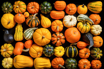 Assorted gourds in a box top view, flat lay