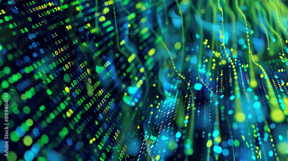 Poster Abstract digital binary code pattern with glowing lines and dots in blue, green, and yellow.