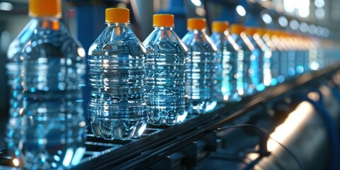 closeup of plastic mineral water bottles on production