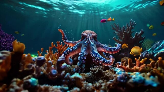 View of octopus swimming among beautiful coral reefs