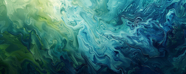 A textured abstract background painted on a wall with swirling shades of blue and green, creating a calming yet dynamic visual effect.