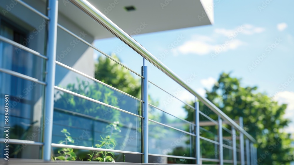 Poster a close-up shot of a balcony railing with a planter attached, featuring greenery and possibly flower