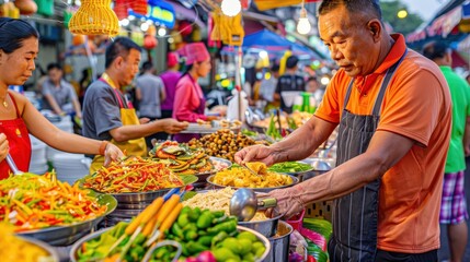 Vibrant Thai Market Scene with Street Food Vendors and Customers in Daily Life