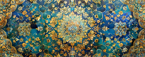 A traditional Persian mosaic wall adorned with detailed calligraphy and floral motifs in a harmonious palette of blue, green, and gold, highlighting the intricate craftsmanship and cultural depth.