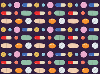 Seamless pattern with cartoon pills and capsules. Vector dark background in flat style