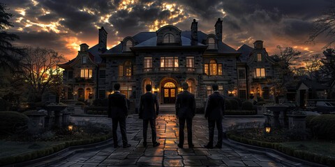 IRS tax agents standing in front of a mansion for a raid