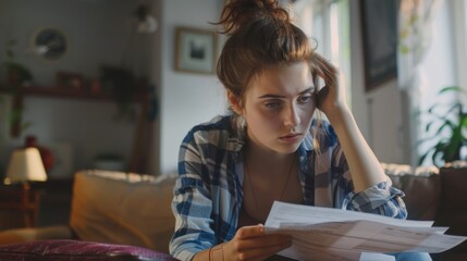 Stressed young woman checking bills, taxes, bank account balance and calculating expenses in the living room at home