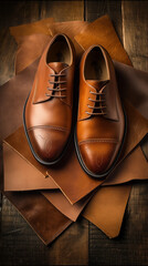 Create an overhead view of the shoe in its product photo, placed on top of three pieces leather sheeting cut into shapes for mannequin foot with brown stitching and dark tan sole