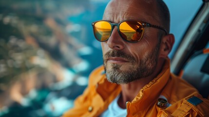 A man wearing sunglasses sits in a helicopter, looking out at the scenery below.