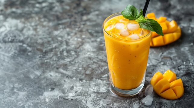 Indian mango lassi made with yogurt water spices fruits and ice on a gray background, with copy space