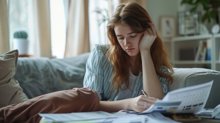 Obraz premium Stressed young woman checking bills, taxes, bank account balance and calculating expenses in the living room at home