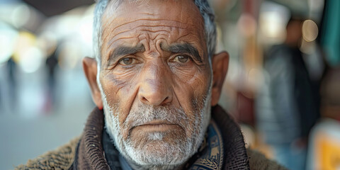 Mature Arab man serious face on street