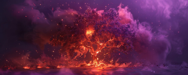 A tree consumed by flames, with glowing embers and swirling smoke, isolated on a deep purple background, creating a powerful and intense image.