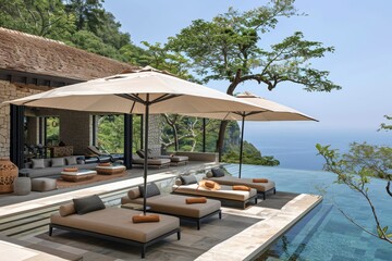 Fototapeta premium Luxurious villa with infinity pool and ocean view vibrant and elegant artistic scene inviting setting contemporary design stylish and chic