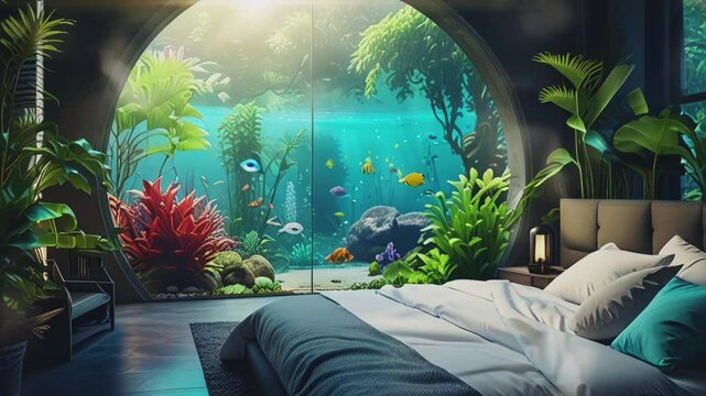 bedroom with aquarium decoration, 4K seamless looping virtual video animation background