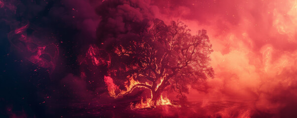 Fototapeta premium A tree on fire with intense flames and dark smoke, set against a magenta background, creating a vibrant and alarming image.