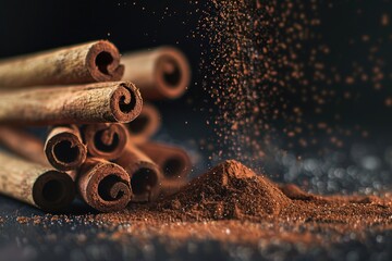 A pair of piles of cinnamon sticks and powder, perfect for baking or cooking