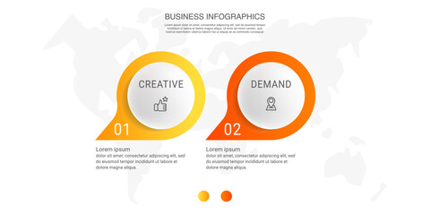 Vector infographics with 2 circles. Modern concept graphic process template with two steps and icons. Timeline for the business project on white background for app, chart, web, diagram