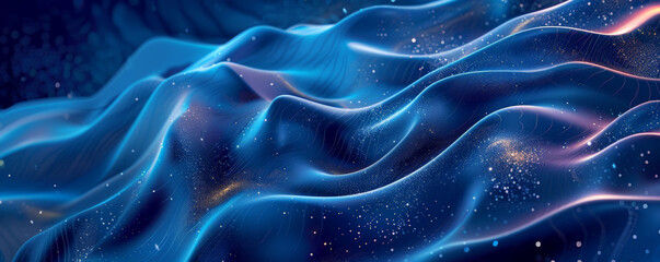 Fototapeta premium Abstract wavy background with a gradient flow from light blue to deep navy, adorned with sparkling effects that create a cool, refreshing feel.