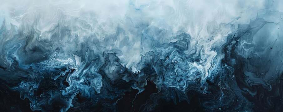 An abstract wall painting with textured layers of black and blue, creating a dramatic and calming visual effect.
