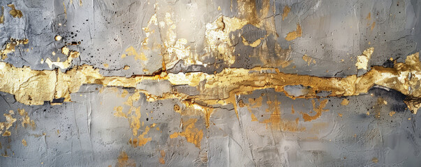 Obraz premium An abstract wall painting with textured layers of gold and silver, creating a luxurious and shimmering effect.