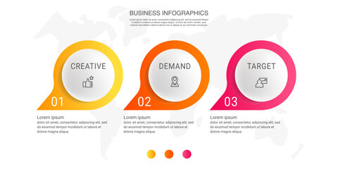 Vector infographics with three circles. Modern concept graphic process template with 3 steps and icons. Timeline for the business project on white background for app, chart, web, diagram