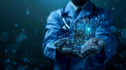 Low polygon Doctor hands with stethoscope and FUi icon medical in hospital with medical technology network concept