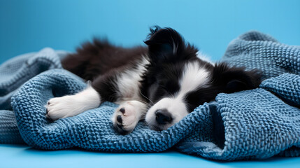 border collie puppy sleeping on blue blanket; isolated puppy on blue background 