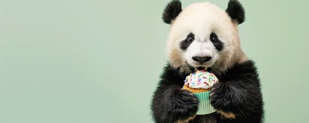 Obraz premium An adorable panda bear holding a cupcake with sprinkles, set against a light green backdrop. The panda's fur is fluffy, and the cupcake looks delightful.