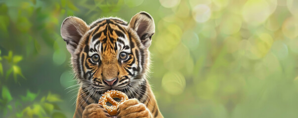 An adorable tiger cub holding a piece of chocolate-covered pretzel, set against a green backdrop. The tiger's fur is striped, and the pretzel looks crunchy and sweet.