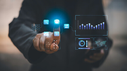 Corporate strategy for finance, operations, sales, marketing.Analyst working with Business Analytics and Data Management System on computer, make a report with KPI and metrics connected to database.