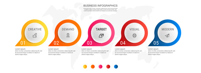 Vector infographics with 5 circles. Modern concept graphic process template with five steps and icons. Timeline for the business project on white background for app, chart, web, diagram