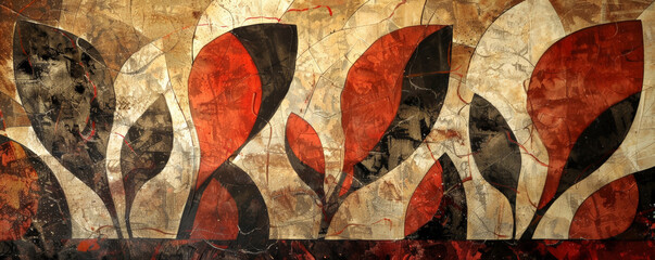 An artistic texture on a wall featuring abstract patterns in shades of red and brown, creating a warm and earthy visual impact.