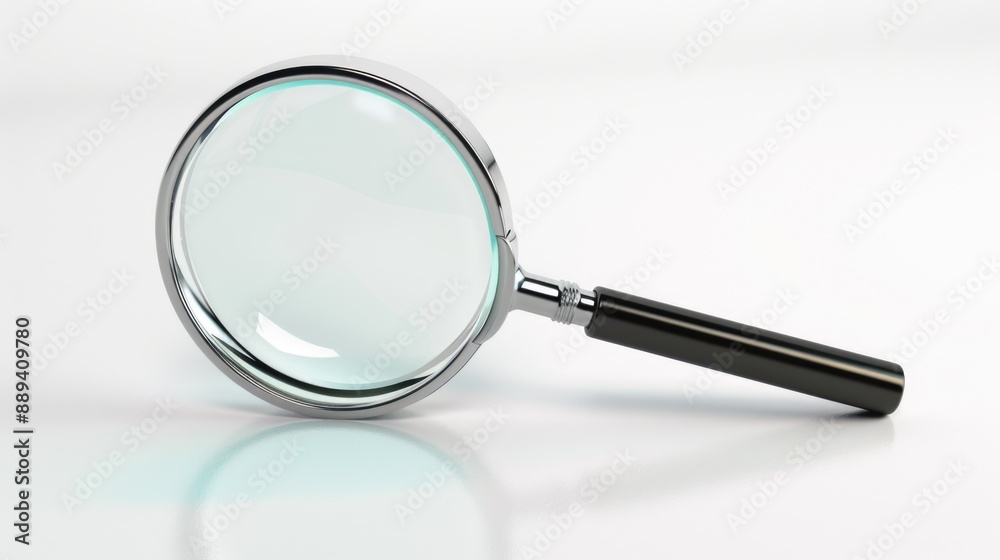 Poster close-up view of a magnifying glass on a table, suitable for illustrations and designs