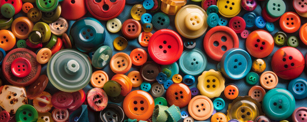 An assortment of different colorful buttons scattered across a fabric surface. The buttons vary in size, shape, and color, creating a vibrant and playful scene.