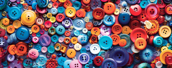 An assortment of different colorful buttons scattered across a fabric surface. The buttons vary in size, shape, and color, creating a vibrant and playful scene.