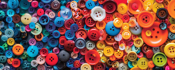 An assortment of different colorful buttons scattered across a fabric surface. The buttons vary in size, shape, and color, creating a vibrant and playful scene.
