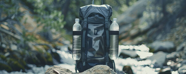 An eco-friendly water filtration backpack designed for hikers, with clear tubes and filters purifying water from natural sources.