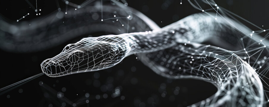 An artistic wireframe of a slithering snake, composed of polygon technology and detailed with lines and points to capture its sinuous movement.