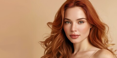 Fototapeta premium Elegant Redhead Woman with Soft Waves and Natural Makeup on Neutral Background