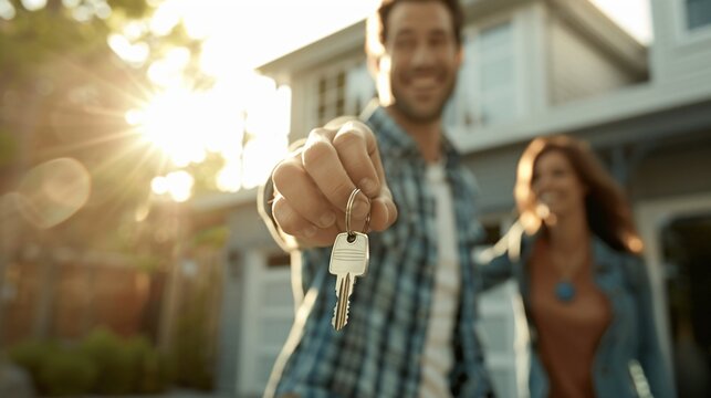 Excited Couple Receiving Apartment Keys in Sunlight Joyful Moment of Homeownership - Powered by Adobe