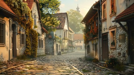 Obraz premium A quiet street in an old European town with cobblestone roads