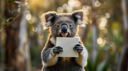 Curious Koala Holding Blank Paper in Forest Habitat