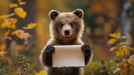 Fototapeta premium Adorable Bear Cub Holding Blank Paper in Autumn Woodland